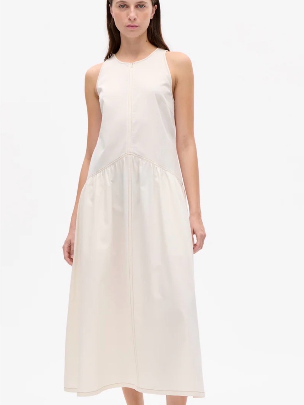 Cotton Sleeveless Cream Jean Maxi Dress with Gathered Skirt Panel size US 6